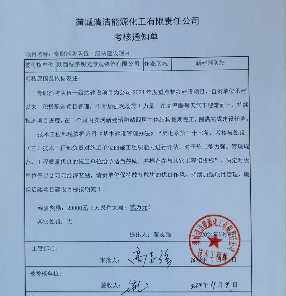 陜煤建設綠宇公司：喜訊！一級消防站榮獲業主單位獎勵