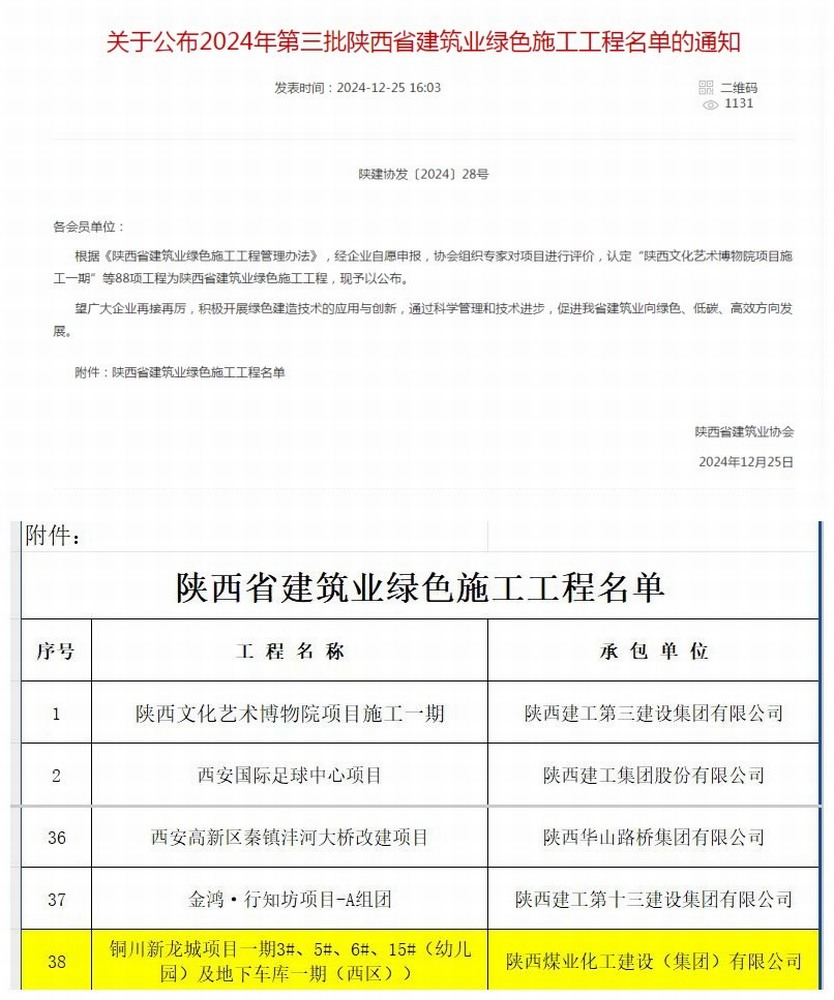 銅川新龍城項目一期幼兒園及地下車庫一期（西區）工程喜獲陜西省建筑業“綠色施工工程”榮譽稱號