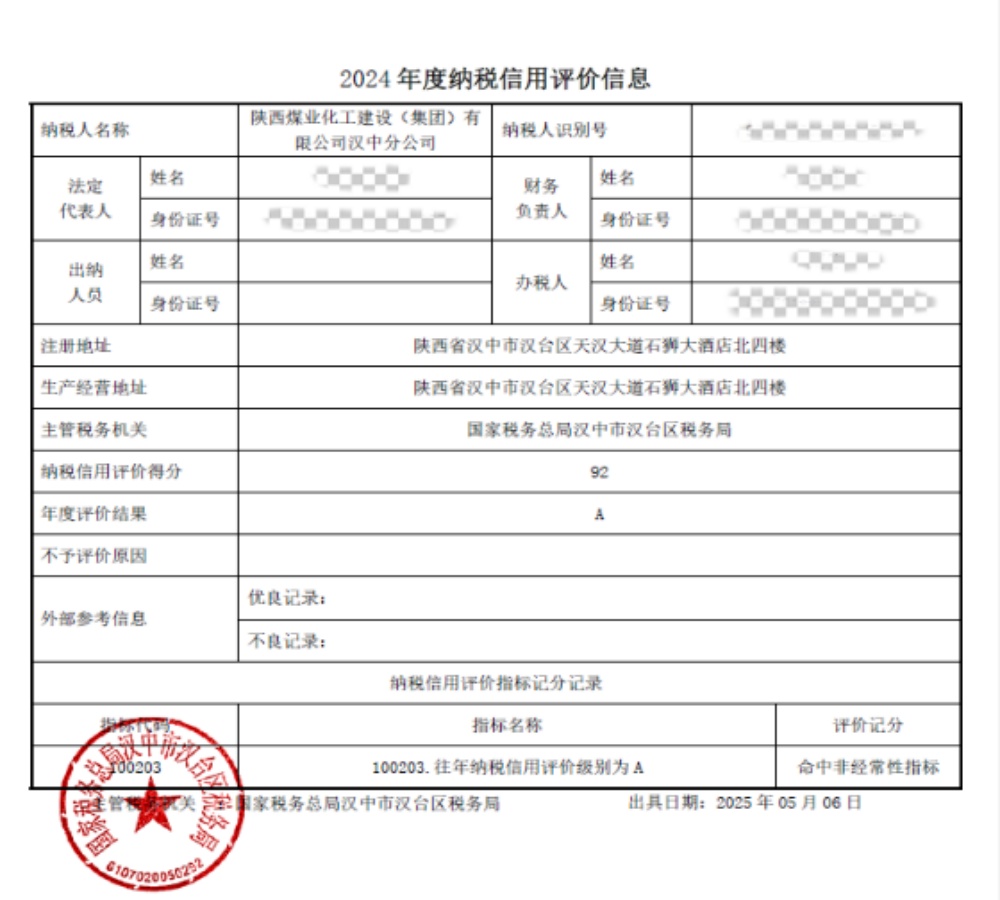 陜煤建設漢中分公司榮獲2024年度納稅信用等級“A”級稱號
